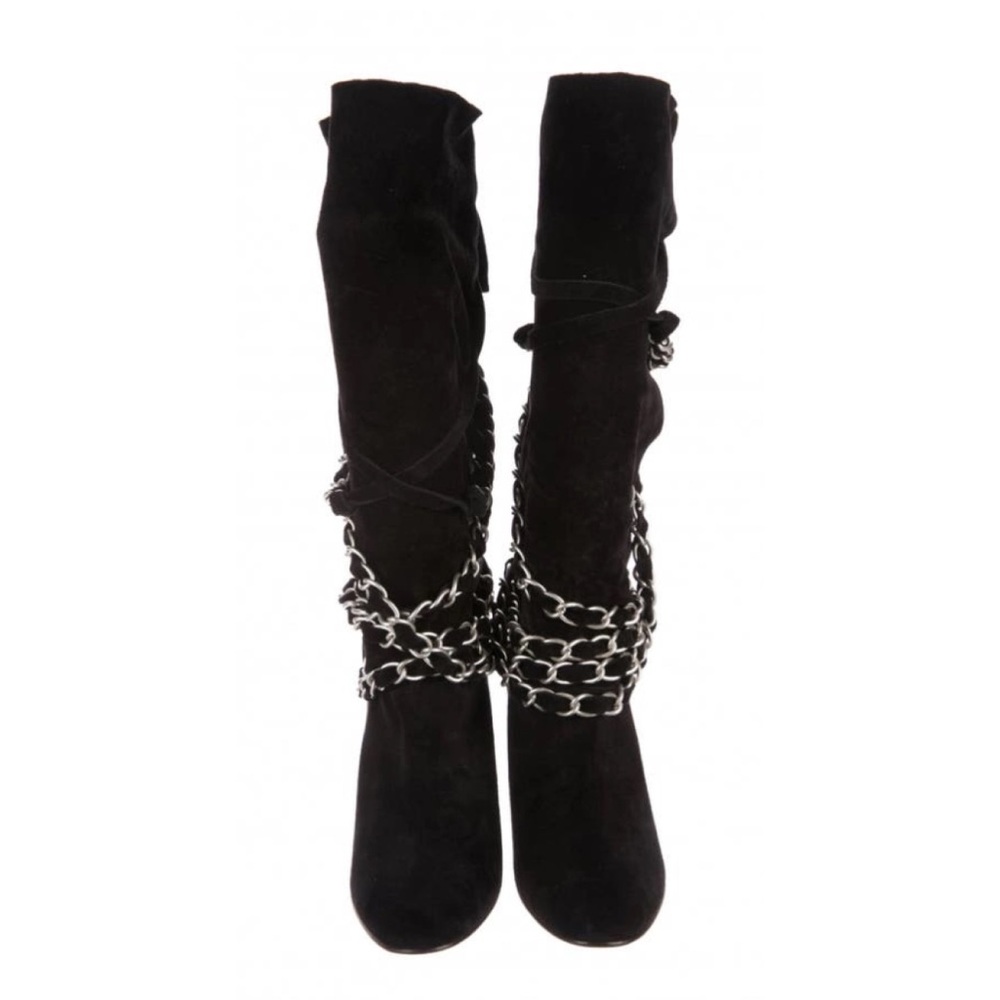 Black Suede Chain-Embellished Boots - Picture 4 of 9